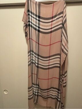 100% Viscose Beige Plaid Fringe Scarf Wrap